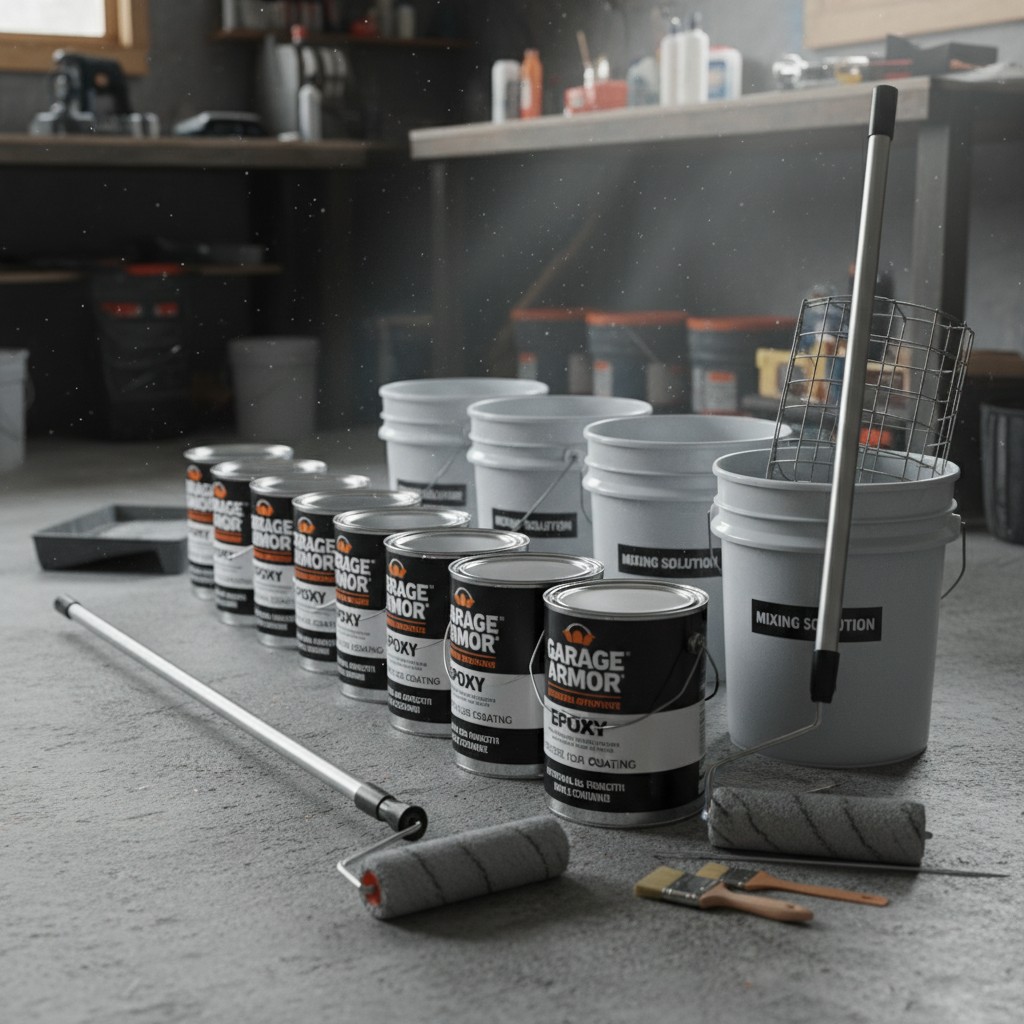 Gallon cans of garage floor epoxy coating with mixing supplies