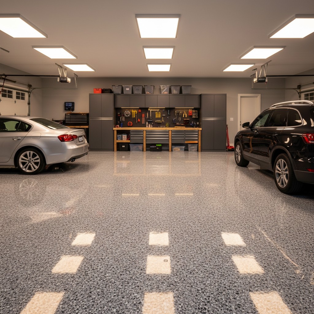 Beautiful finished epoxy coated garage floor with decorative flake
