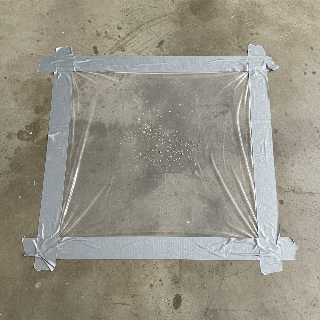 Plastic sheet taped to concrete garage floor for moisture testing
