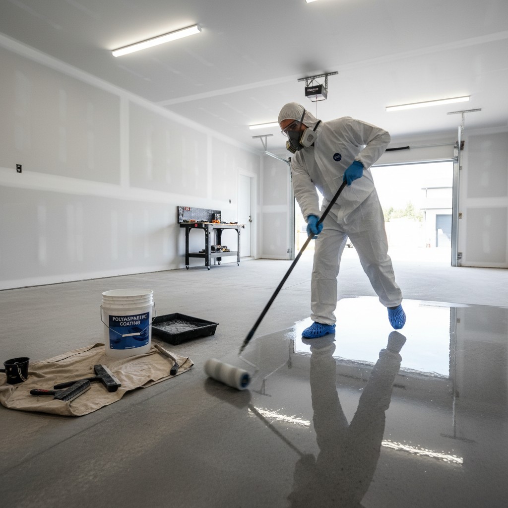 Applying polyaspartic floor coating with a roller in a garage